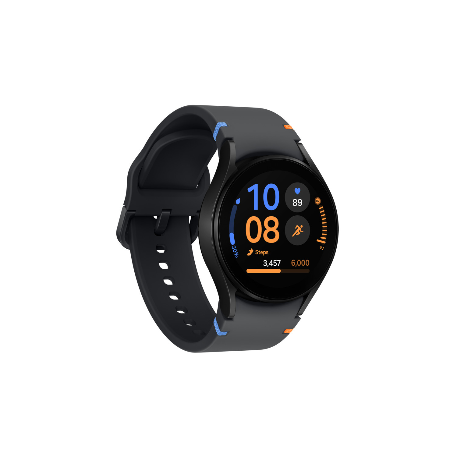 Zwarte smartwatch met ronde wijzerplaat en zwarte band, toont tijd en activiteitsgegevens.
