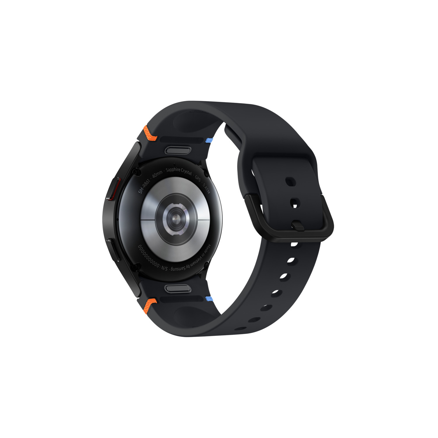 Zwarte smartwatch achterkant, zwarte band, oranje accenten, witte achtergrond.
