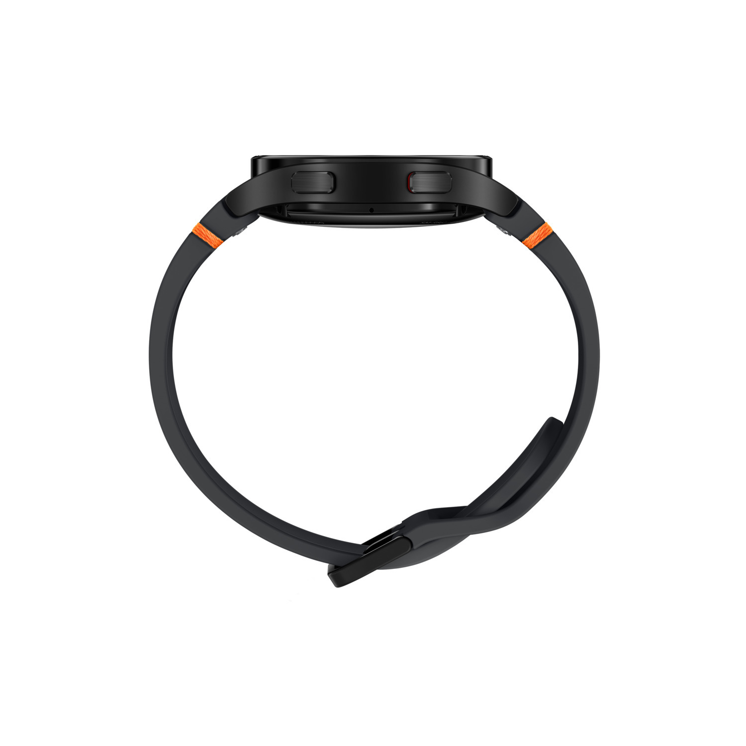 Zwarte smartwatch met zwarte band en oranje accenten, van de zijkant bekeken.