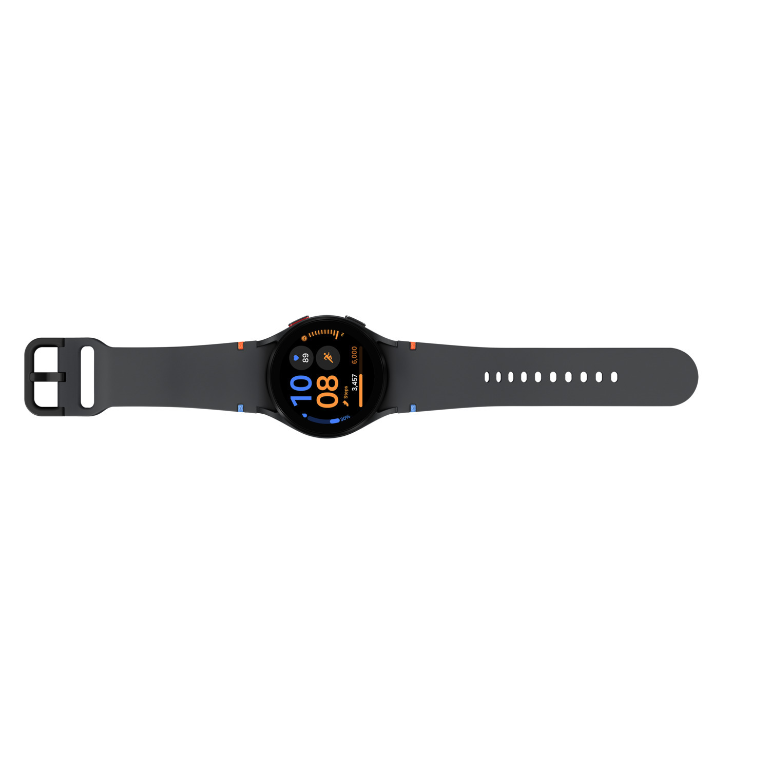 Een zwart-grijze smartwatch met een donkergrijze band wordt getoond tegen een witte achtergrond.