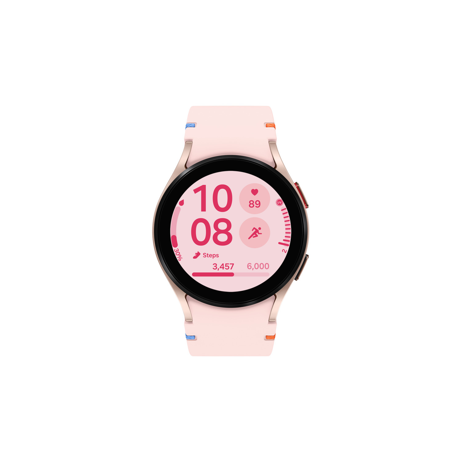 Pink smartwatch with gold frame, showing time and activity data, white background.