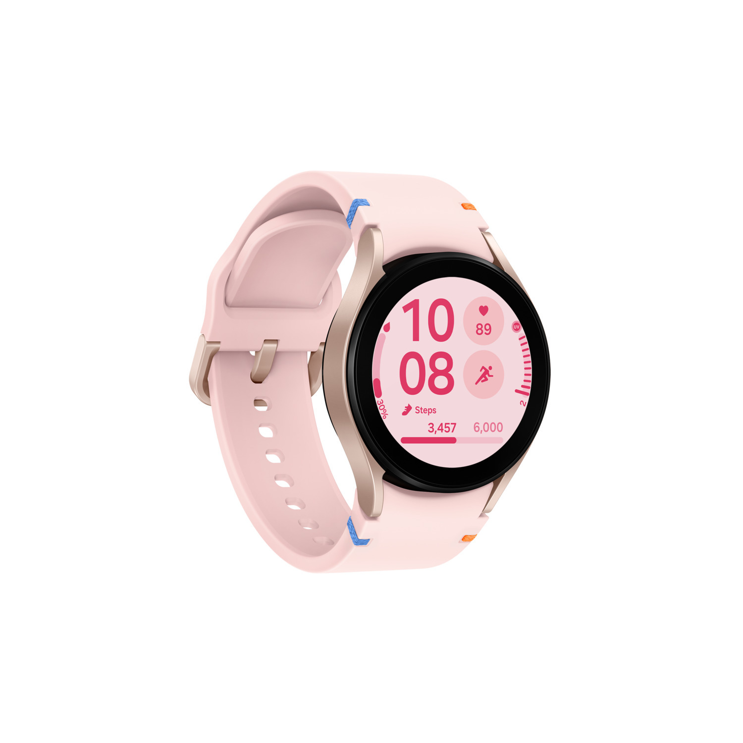 Pink smartwatch with fitness data on its display.