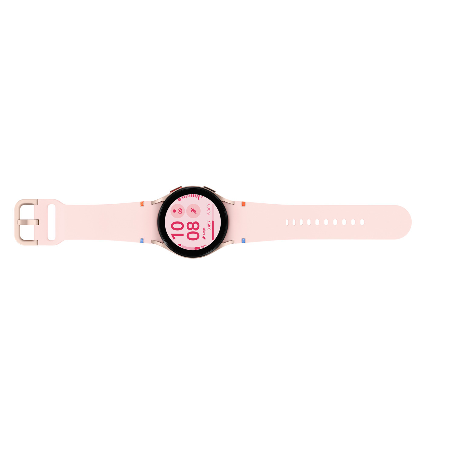 Pink smartwatch with a round face and a pink strap, displaying time and activity metrics.