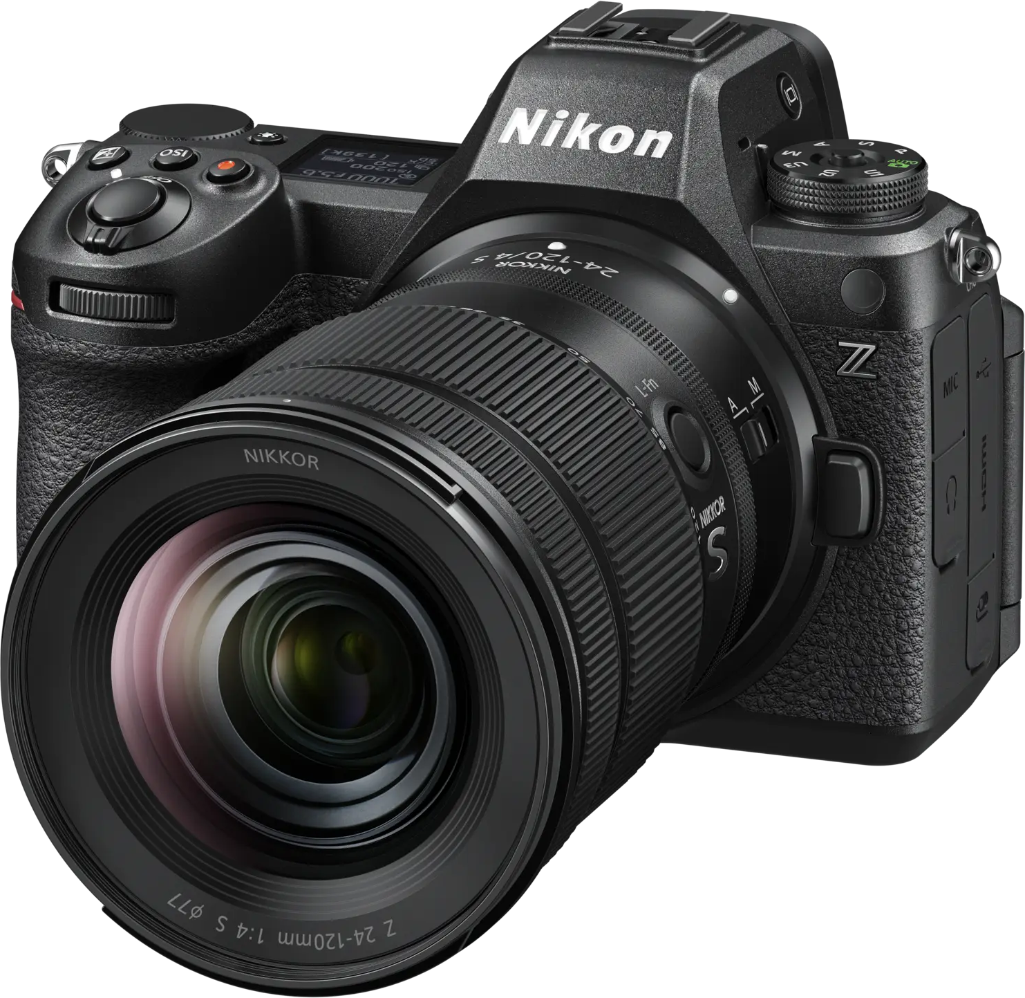 Schwarze Nikon Kamera mit Objektiv, Schrägansicht.