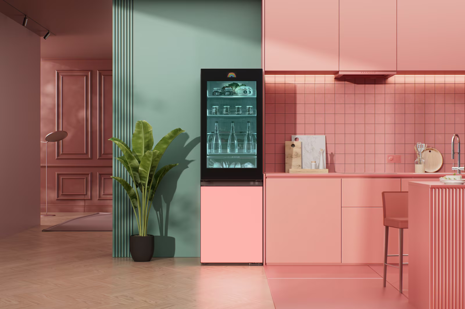 Rózsaszín konyha és étkező fekete hűtővel. Modern design, pasztell színek.