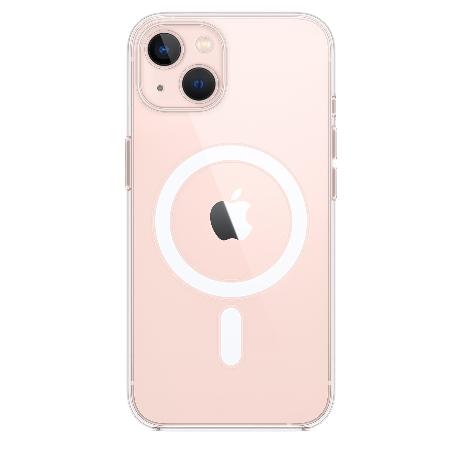 iPhone dans un étui rose avec cercle magnétique et logo Apple.