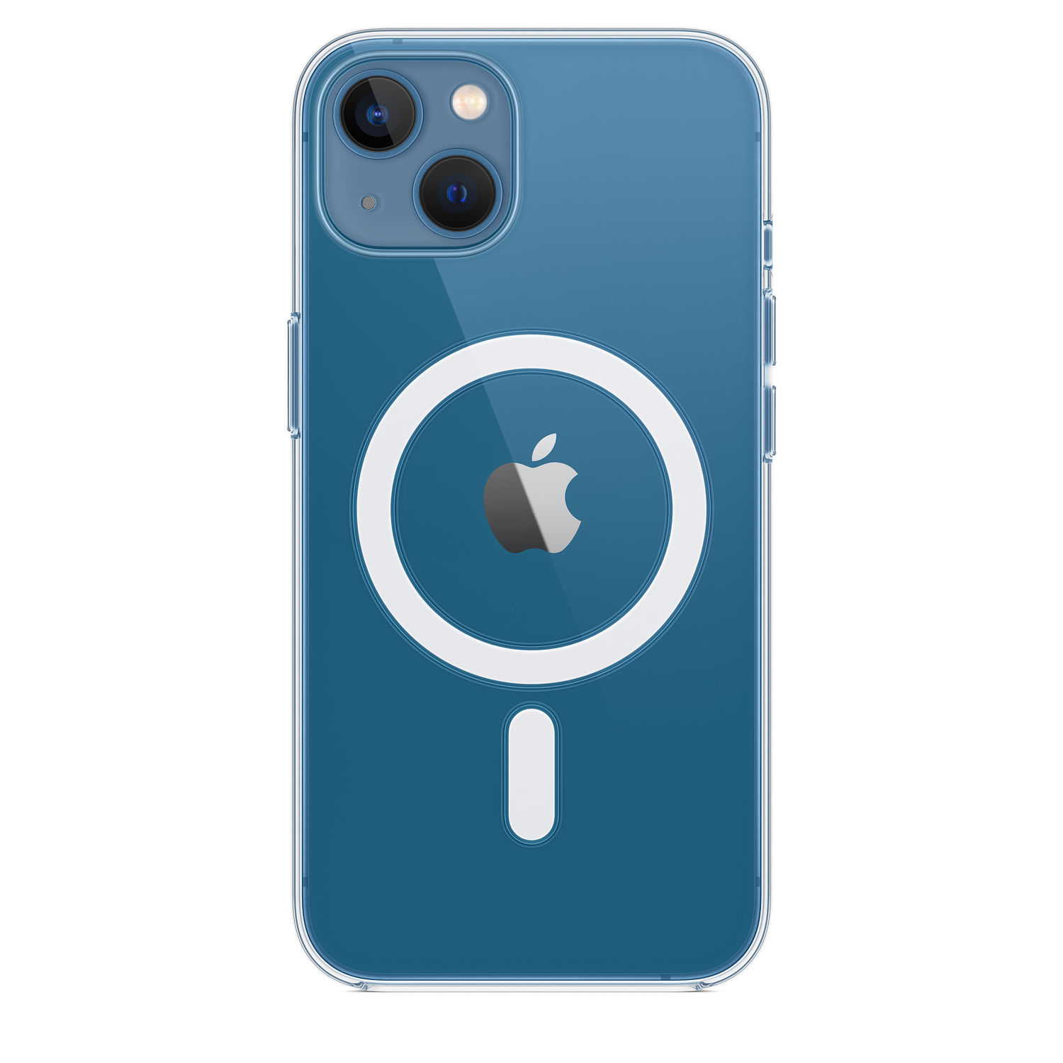 Coque d'iPhone bleue avec un anneau magnétique blanc autour du logo Apple.