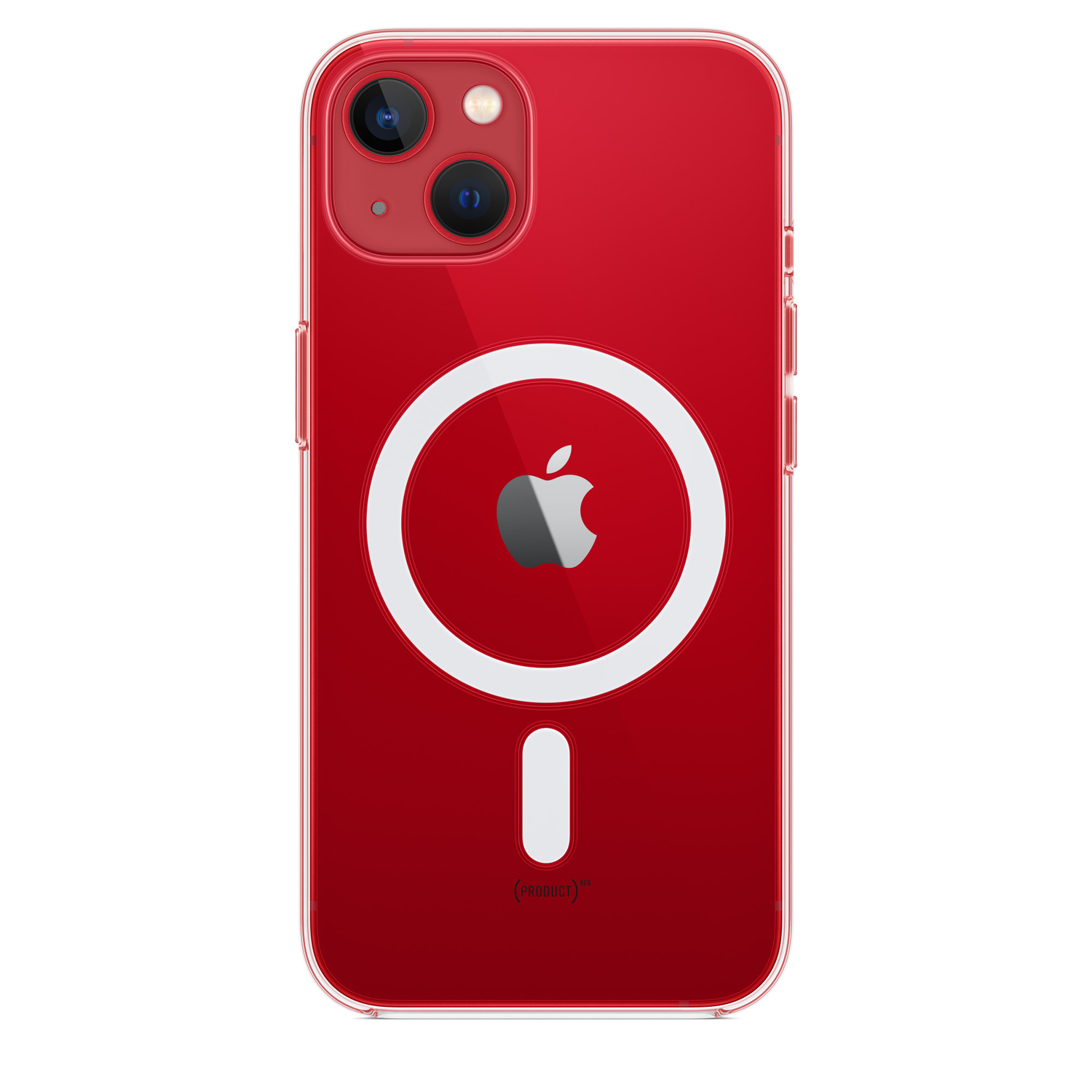 iPhone 13 rouge dans une coque transparente, montrant le logo Apple et un cercle MagSafe.