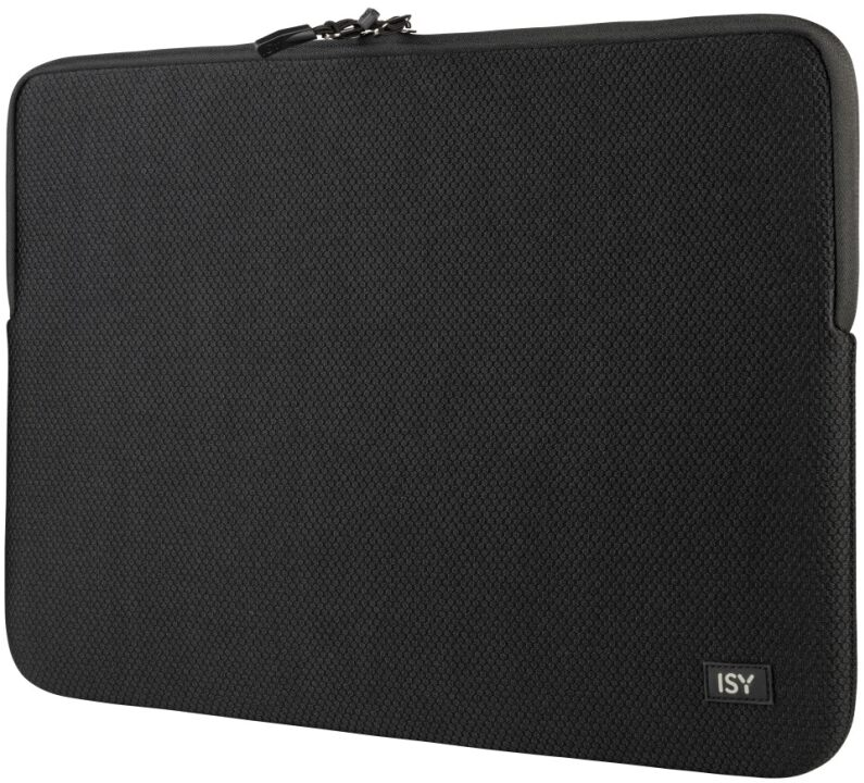 Custodia nera per laptop con cerniera e logo ISY.