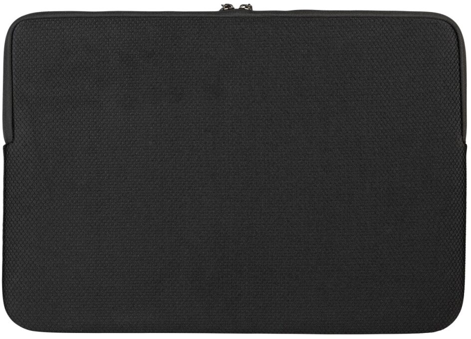 Custodia nera per laptop con superficie strutturata e chiusura a cerniera.