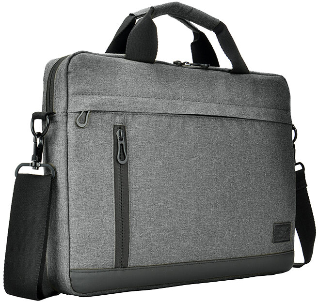 Borsa grigia per laptop con tracolla e tasche con cerniera.
