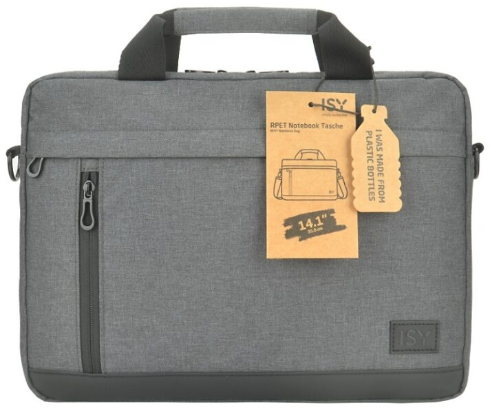 Borsa per laptop grigia con manico e cerniera. Ha un'etichetta che dice "I WAS MADE FROM PLASTIC BOTTLES".