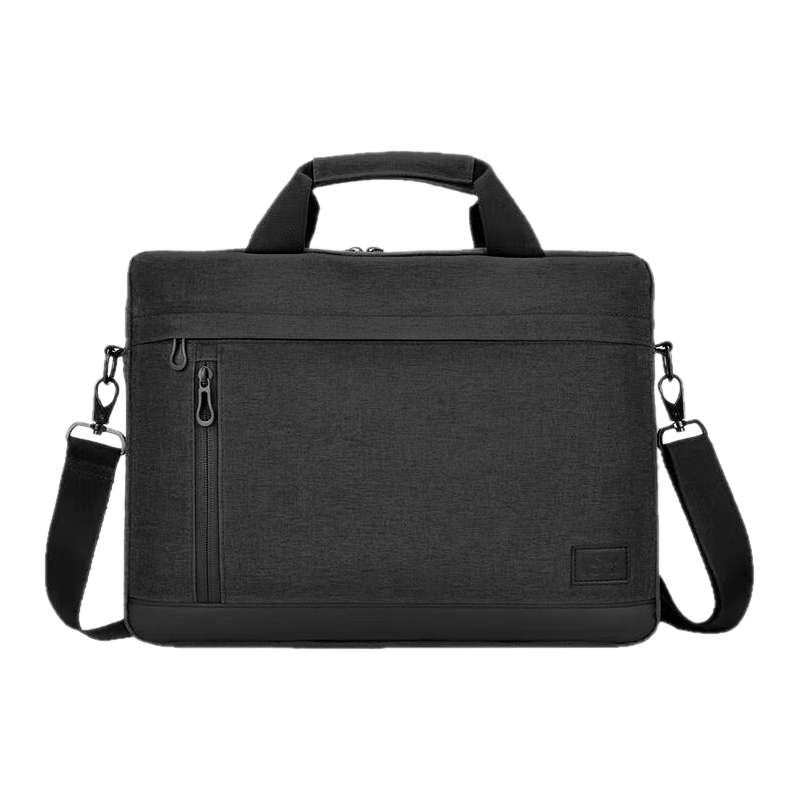 Borsa per laptop nera con manico e tracolla. È su sfondo nero.