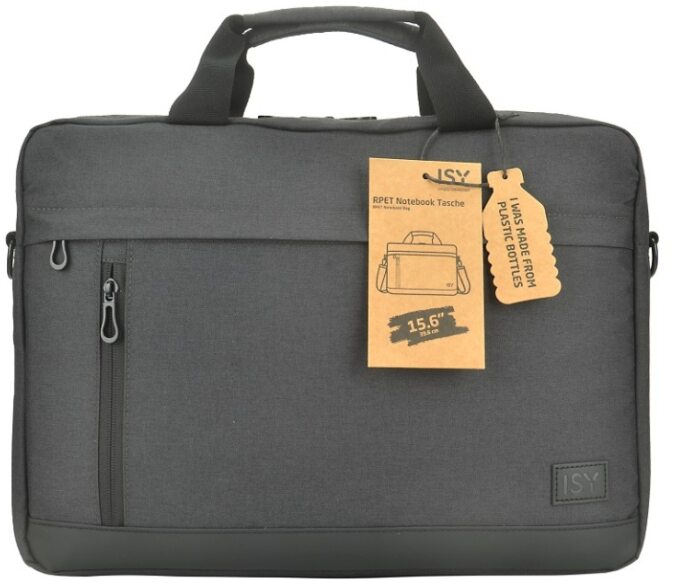 Una borsa per laptop grigio scuro con un'etichetta che dice fatta da bottiglie di plastica.
