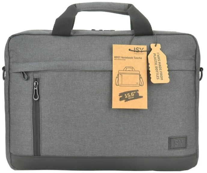 Una borsa grigia per laptop con manico, etichetta di testo e un'etichetta che dice 'I was made from plastic bottles'.