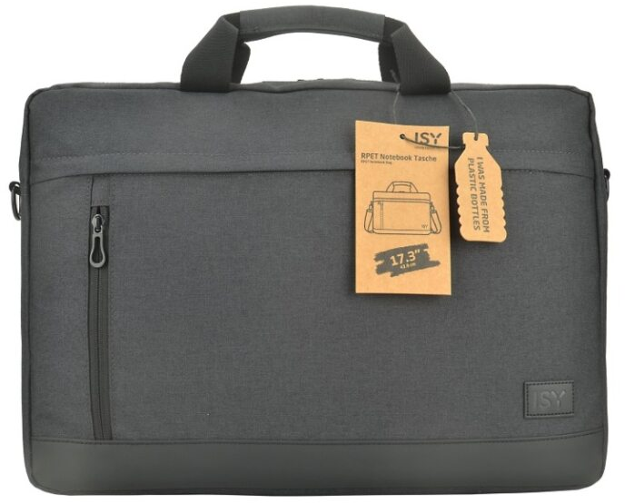 Borsa per laptop ISY grigia con tasca con zip ed etichetta. Un disegno della borsa sull'etichetta.