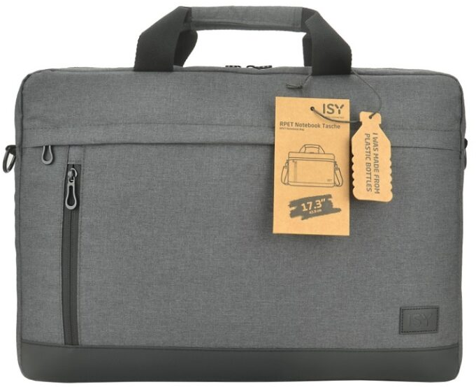 Borsa per laptop grigia con manico ed etichetta che dice 'fatto da bottiglie di plastica riciclate'.