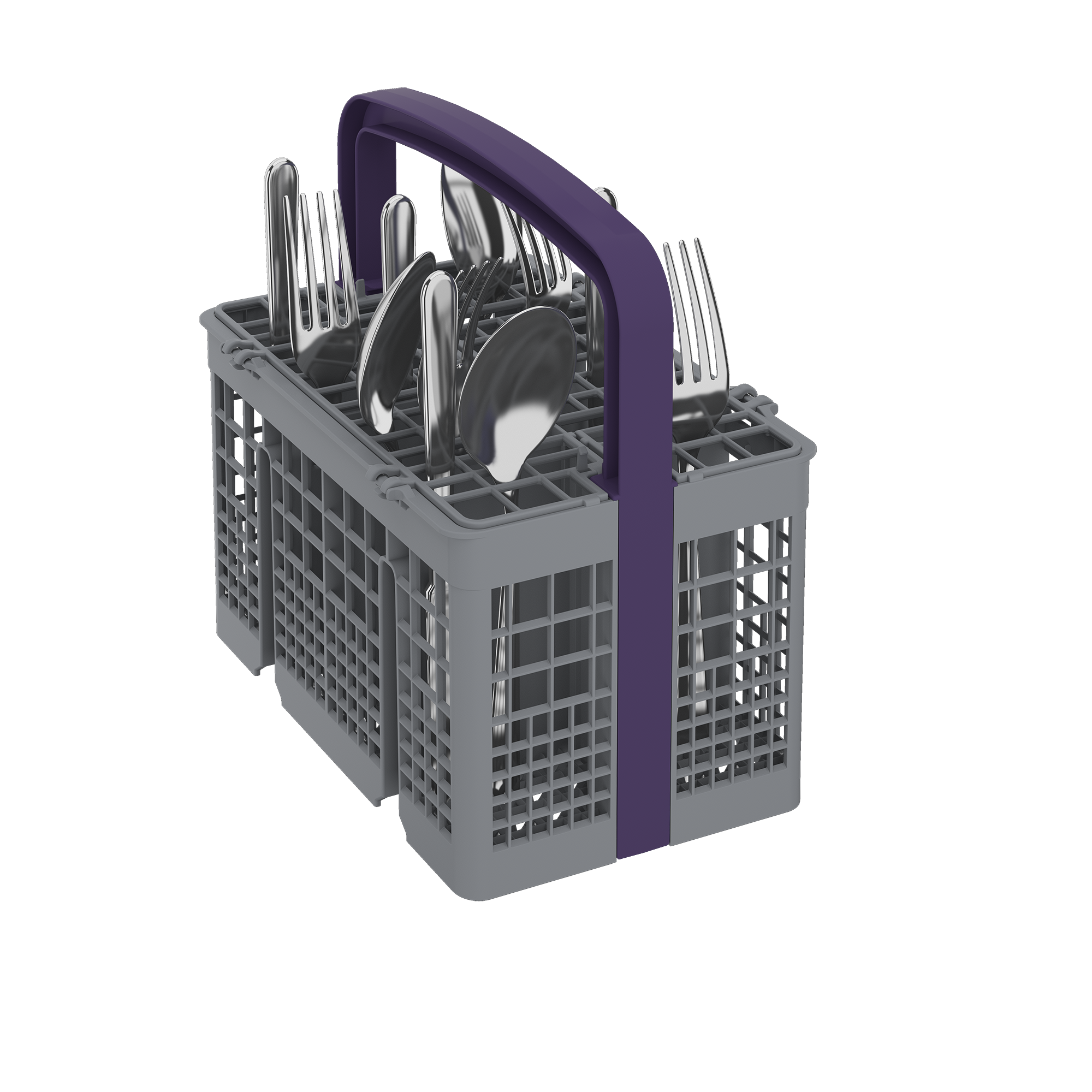 Una cesta gris para lavavajillas con cubiertos. El asa es morada.