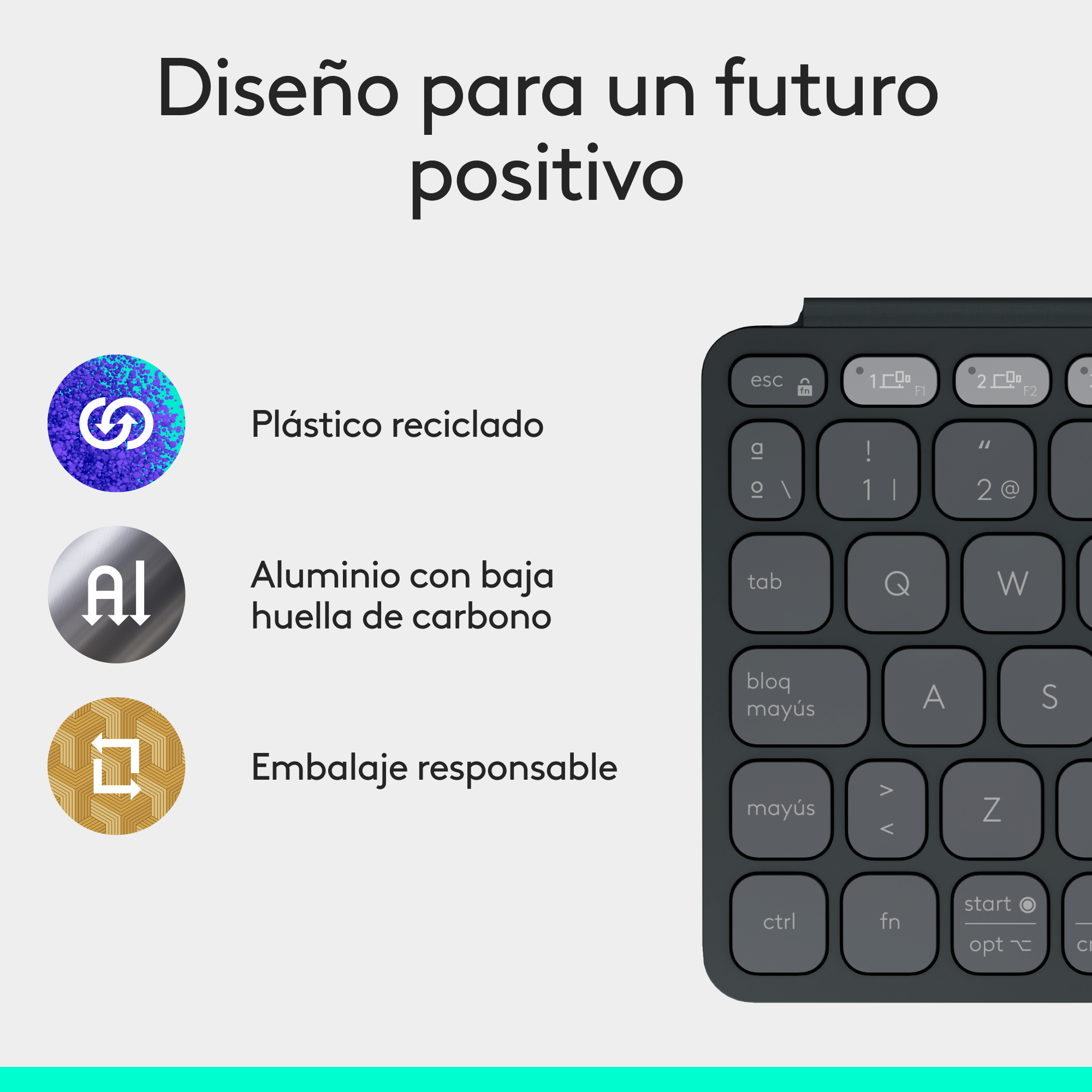 Primer plano de un teclado. El teclado es negro con teclas blancas. Tiene una sección sobre reciclaje, aluminio y embalaje.
