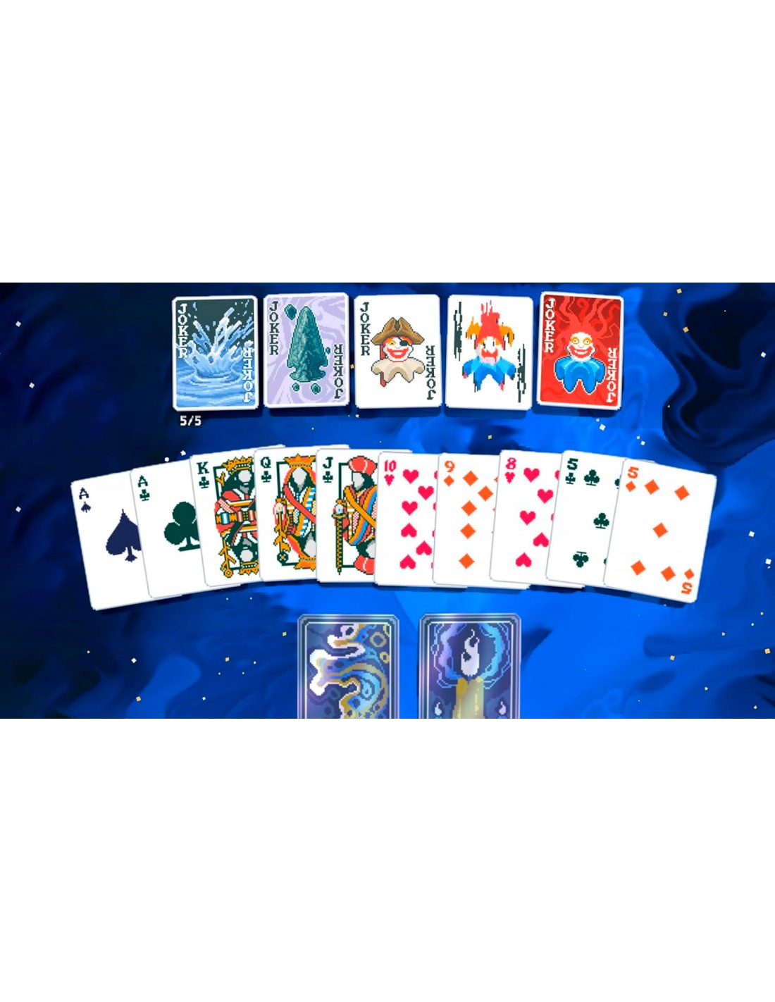 Un juego de cartas con fondo azul y una fila de cartas.