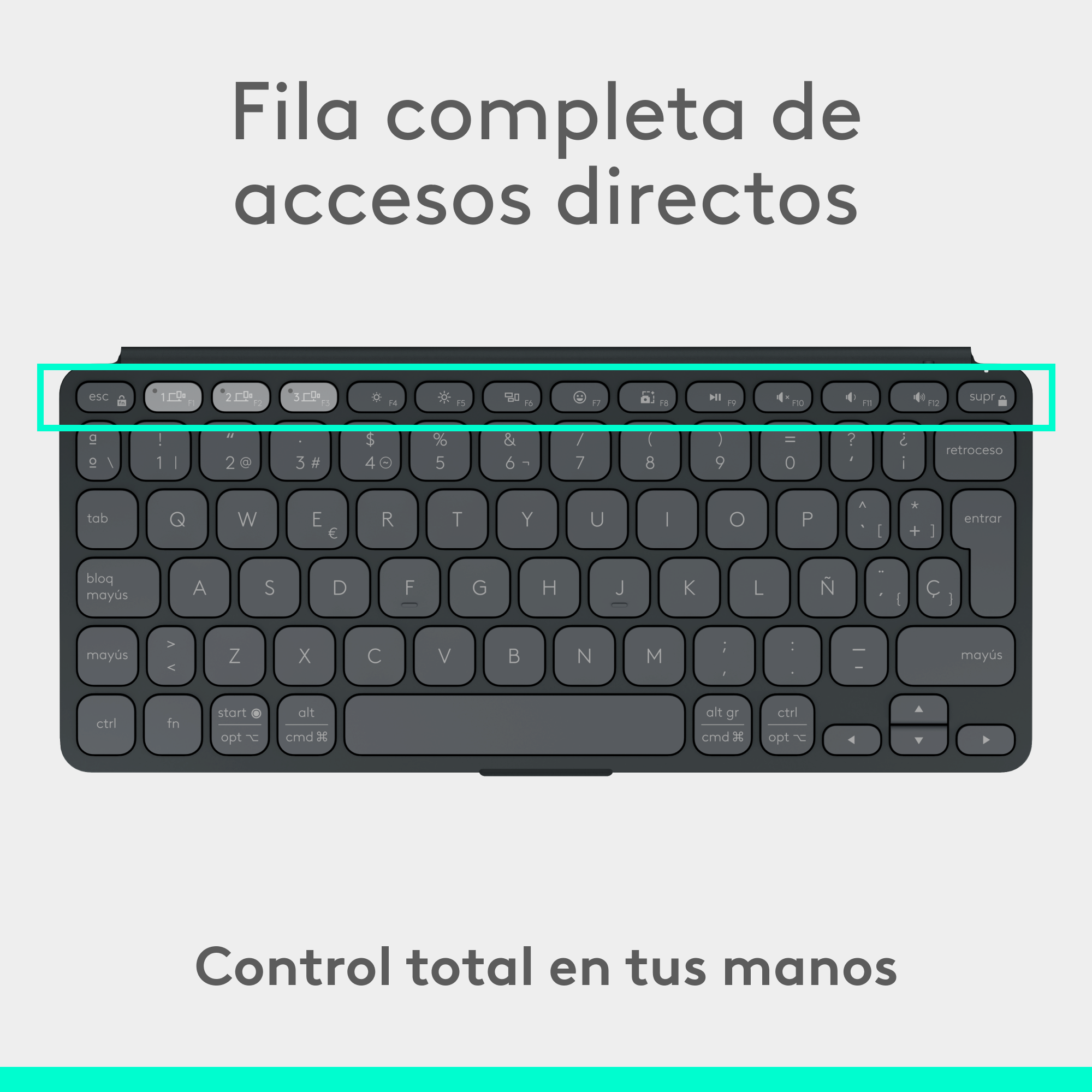 Teclado con teclas de acceso directo en la parte superior y diseño completo.