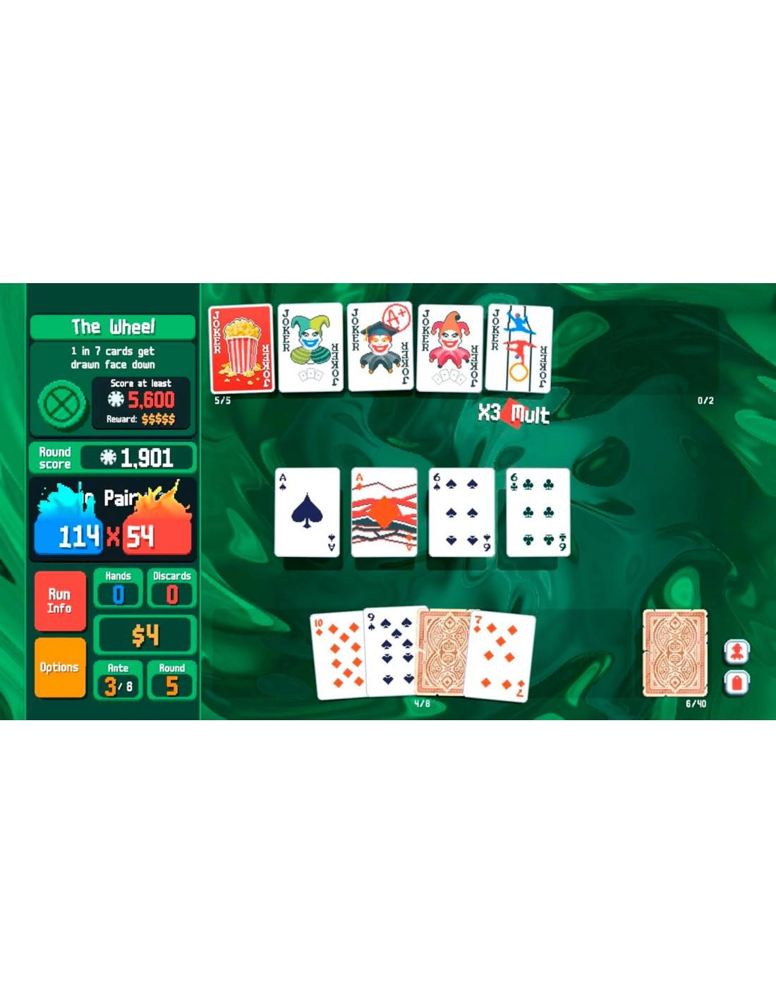 Pantalla de juego de cartas. Fondo verde, puntuación, cartas y cuadros de texto con detalles.
