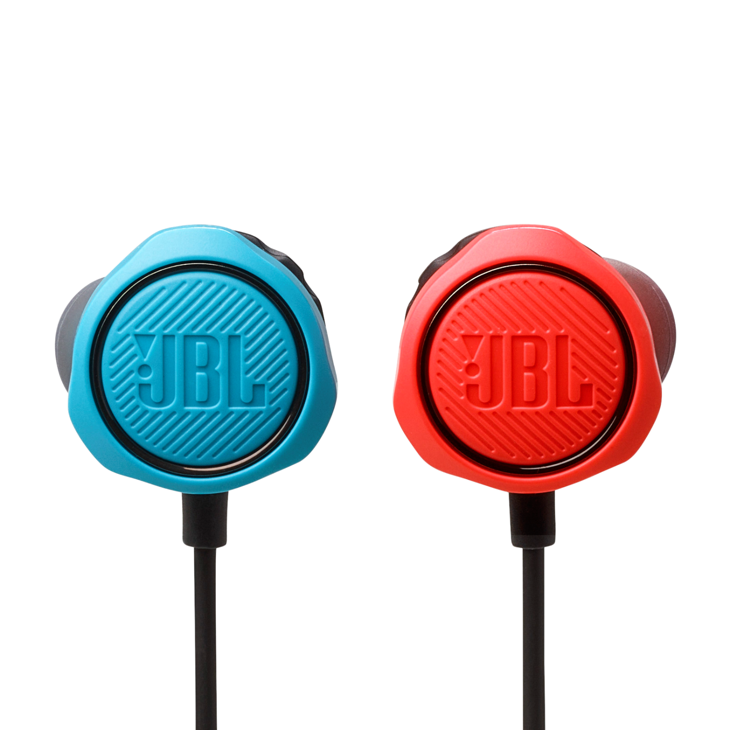 Par de auriculares JBL. Uno azul, uno rojo.