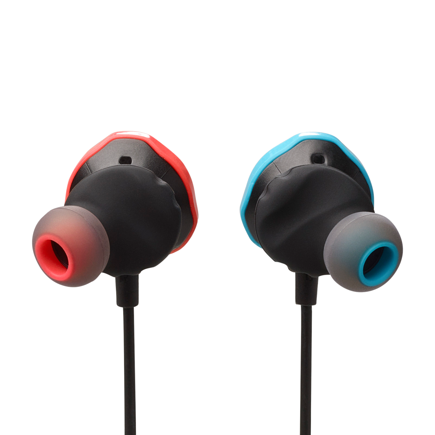Dos auriculares con detalles rojos y azules. Cables negros se extienden de los auriculares sobre fondo negro.
