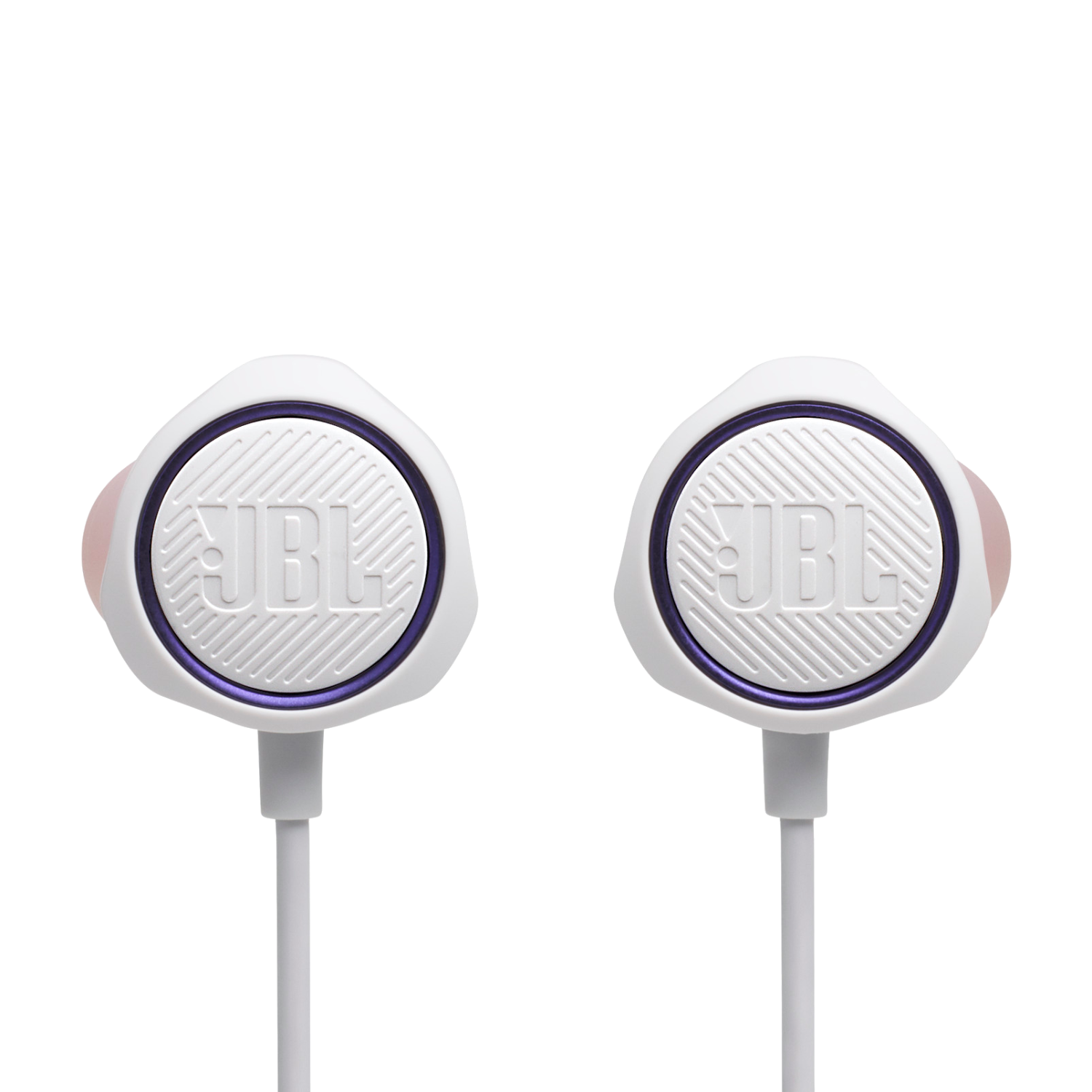 Auriculares JBL blancos con un acento púrpura. Los auriculares están conectados por un cable blanco.