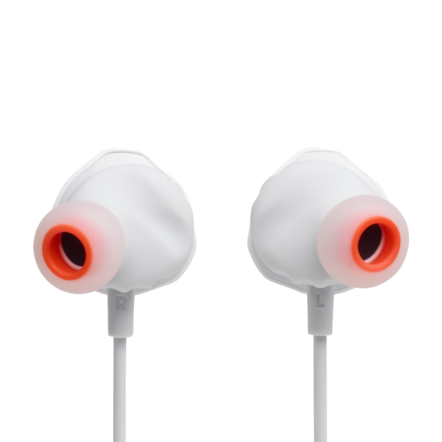 Dos auriculares blancos con puntas naranjas, conectados por un cable blanco.