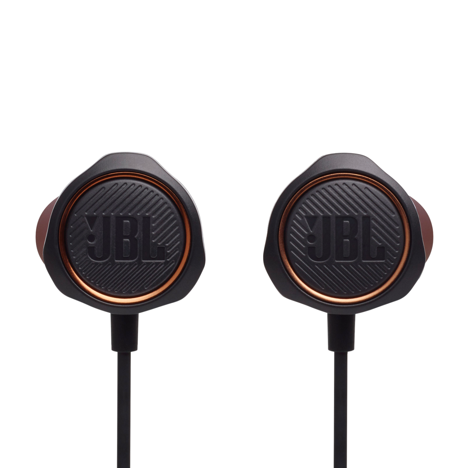 Par de auriculares JBL negros y bronce sobre un fondo negro.