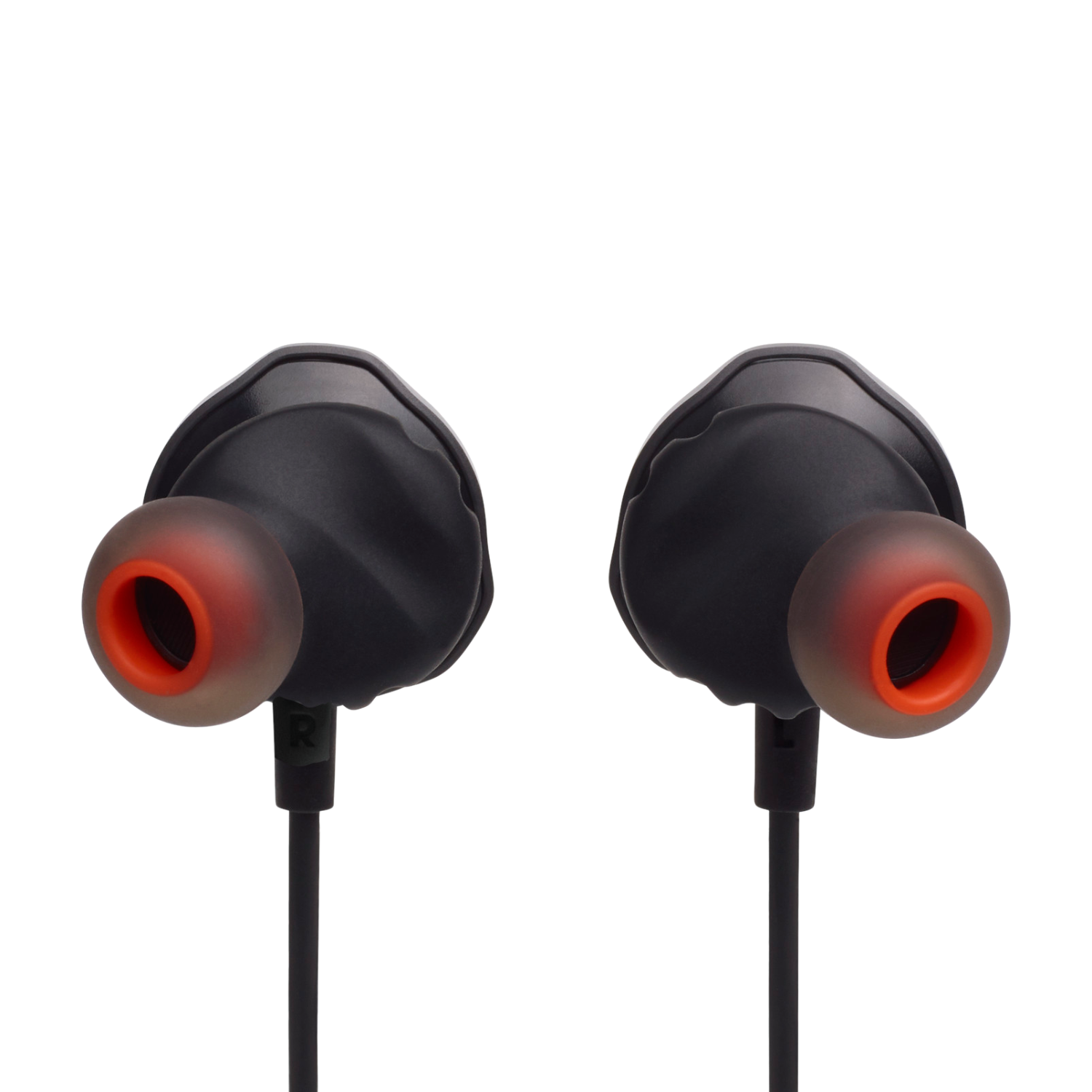 Par de auriculares negros, almohadillas naranjas, fondo negro.