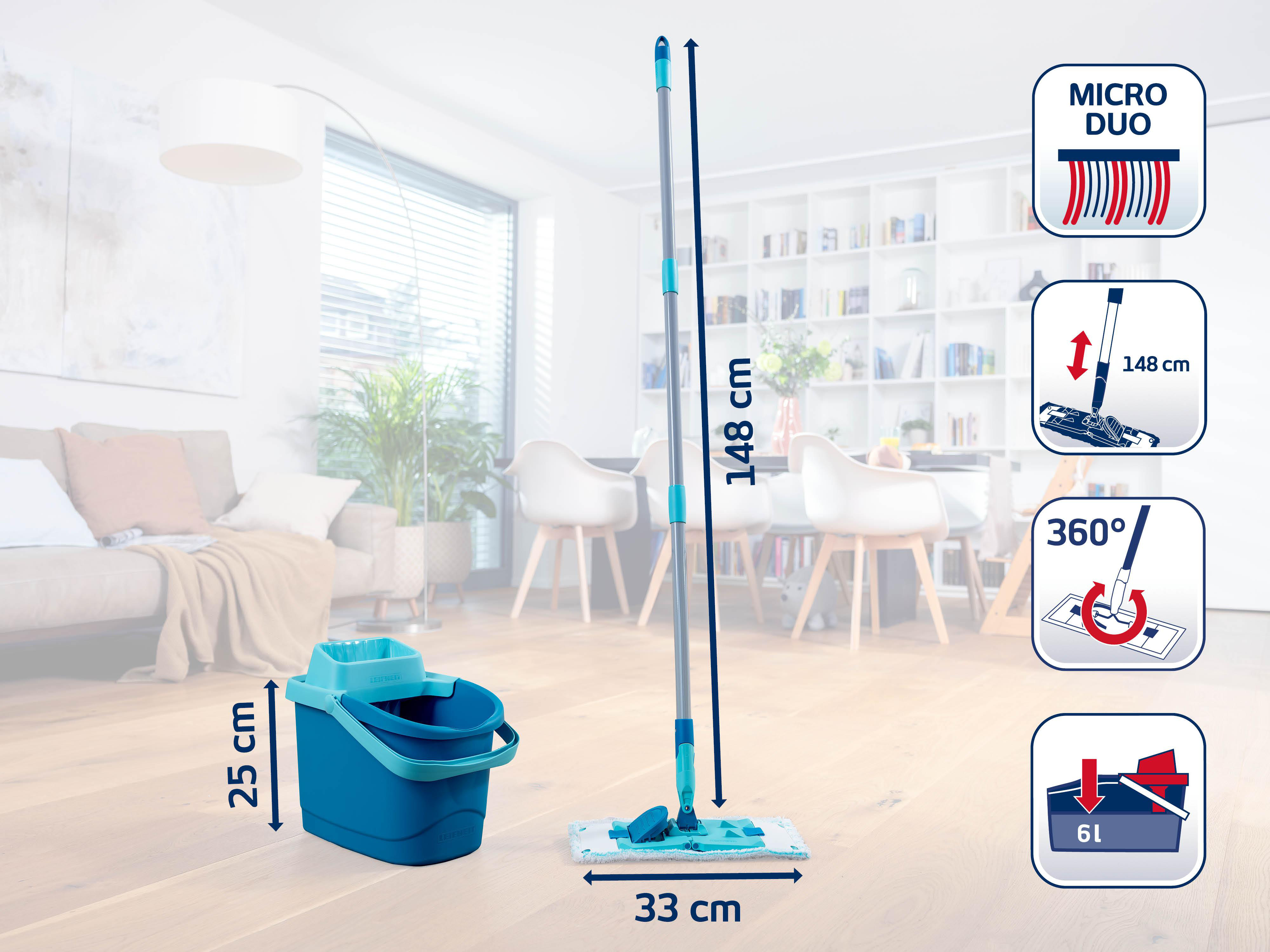 Ein blauer Moppeimer und ein Wischmopp mit blauem Kopf, mit Abmessungen und einer Diagramm.