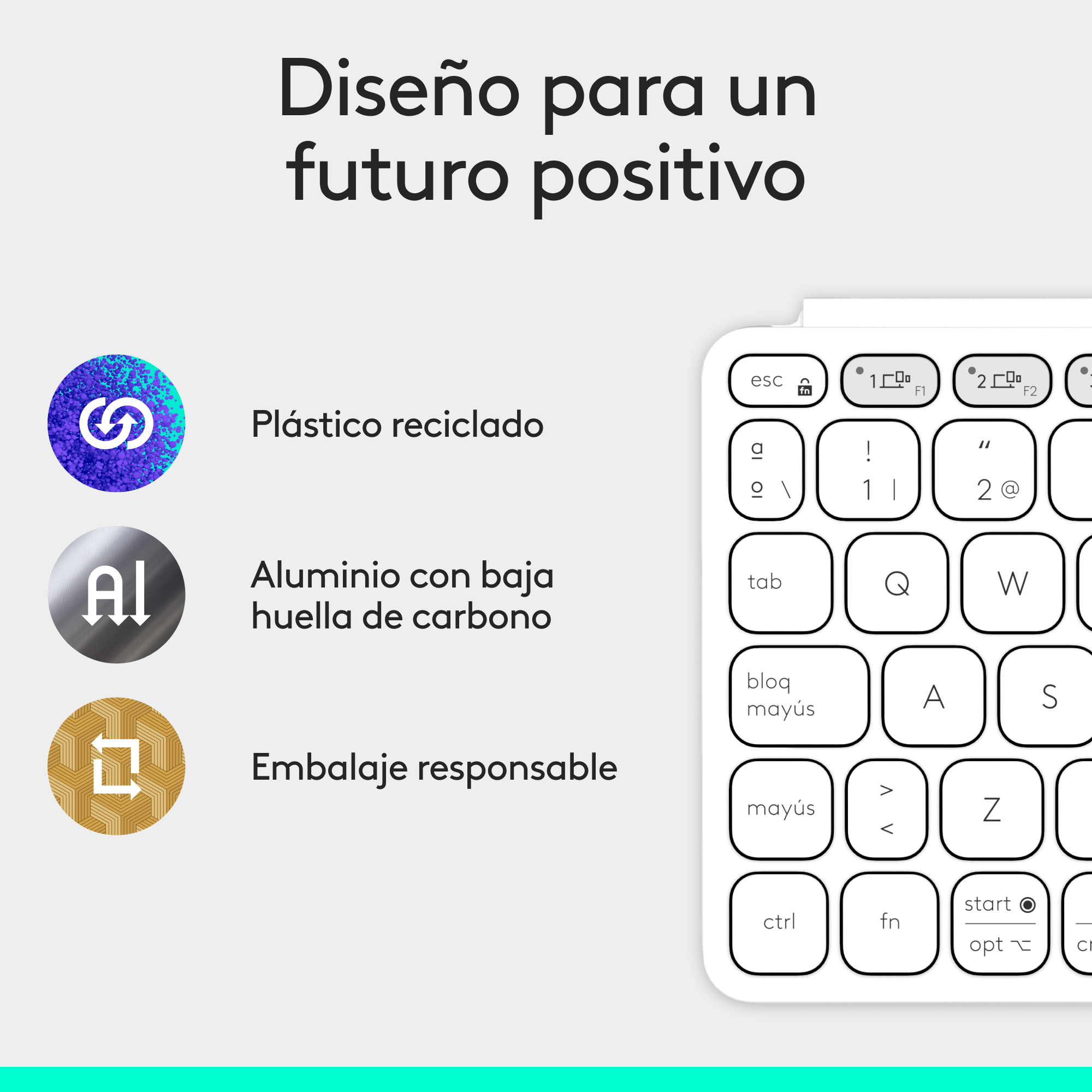 Un teclado con iconos y texto que dice 'Diseñado para un futuro positivo'.