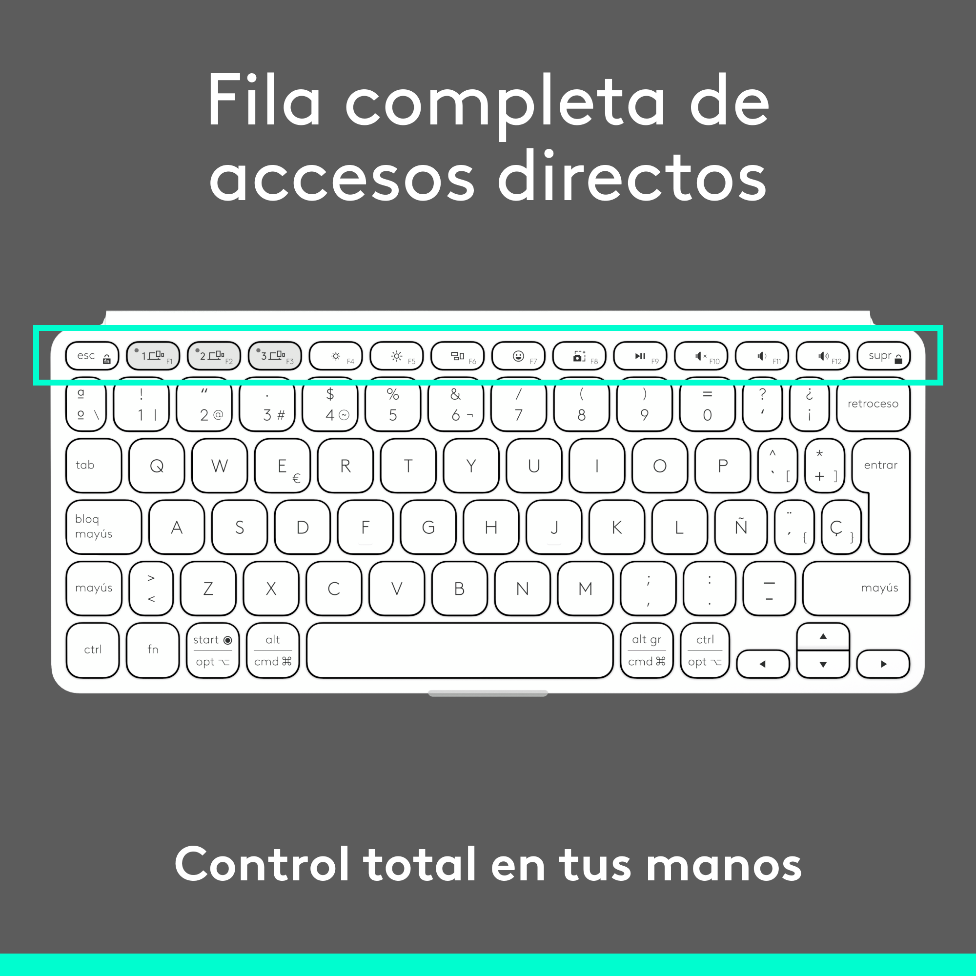 Teclado blanco. Fila superior con símbolos. Letras y números. Texto inferior: Control.