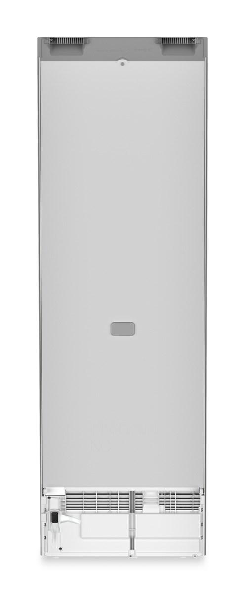 Ein weißer Kühlschrank, von hinten gesehen. Es hat ein schlichtes, sauberes Design.