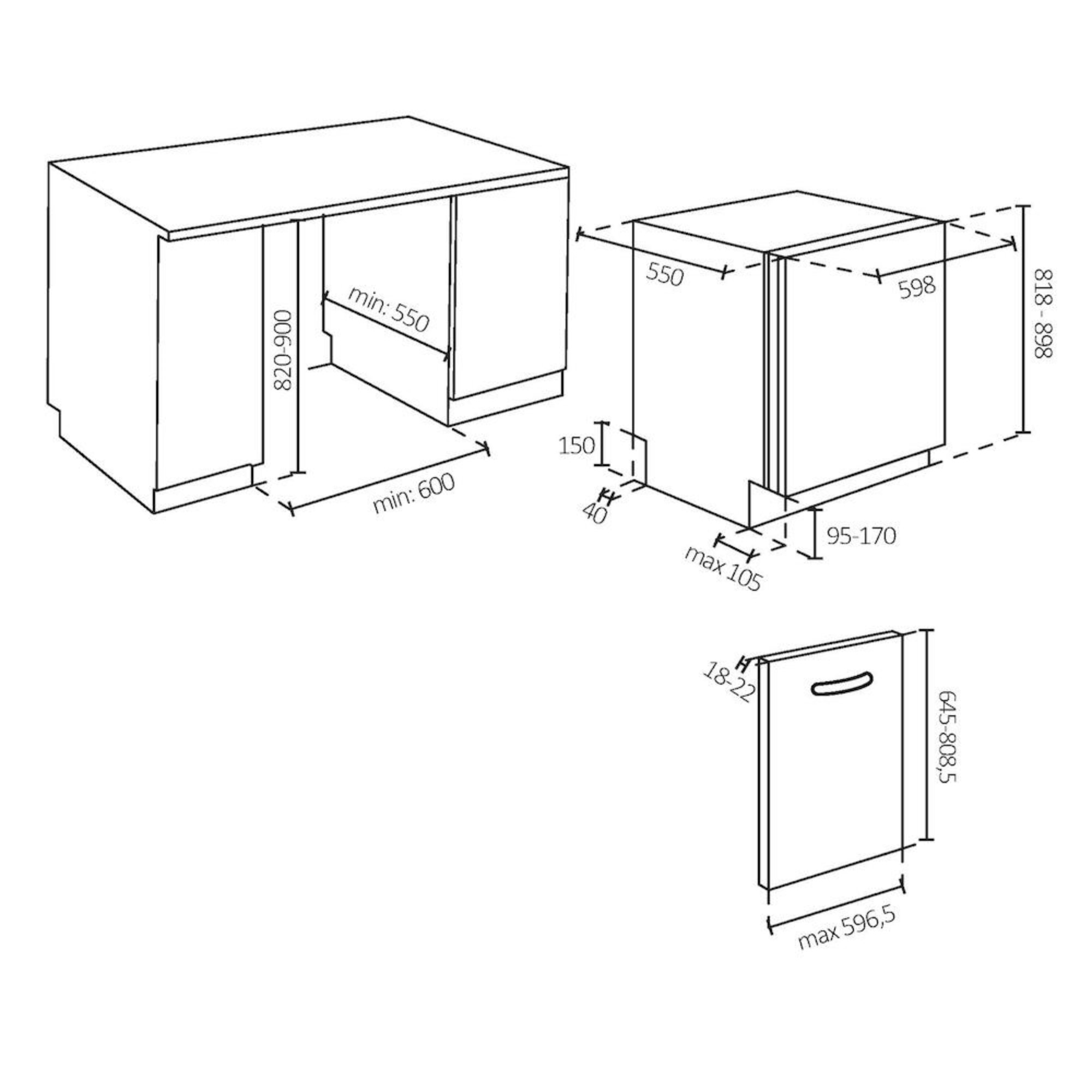 Diagrama de una cocina con dimensiones para gabinetes y un lavavajillas.