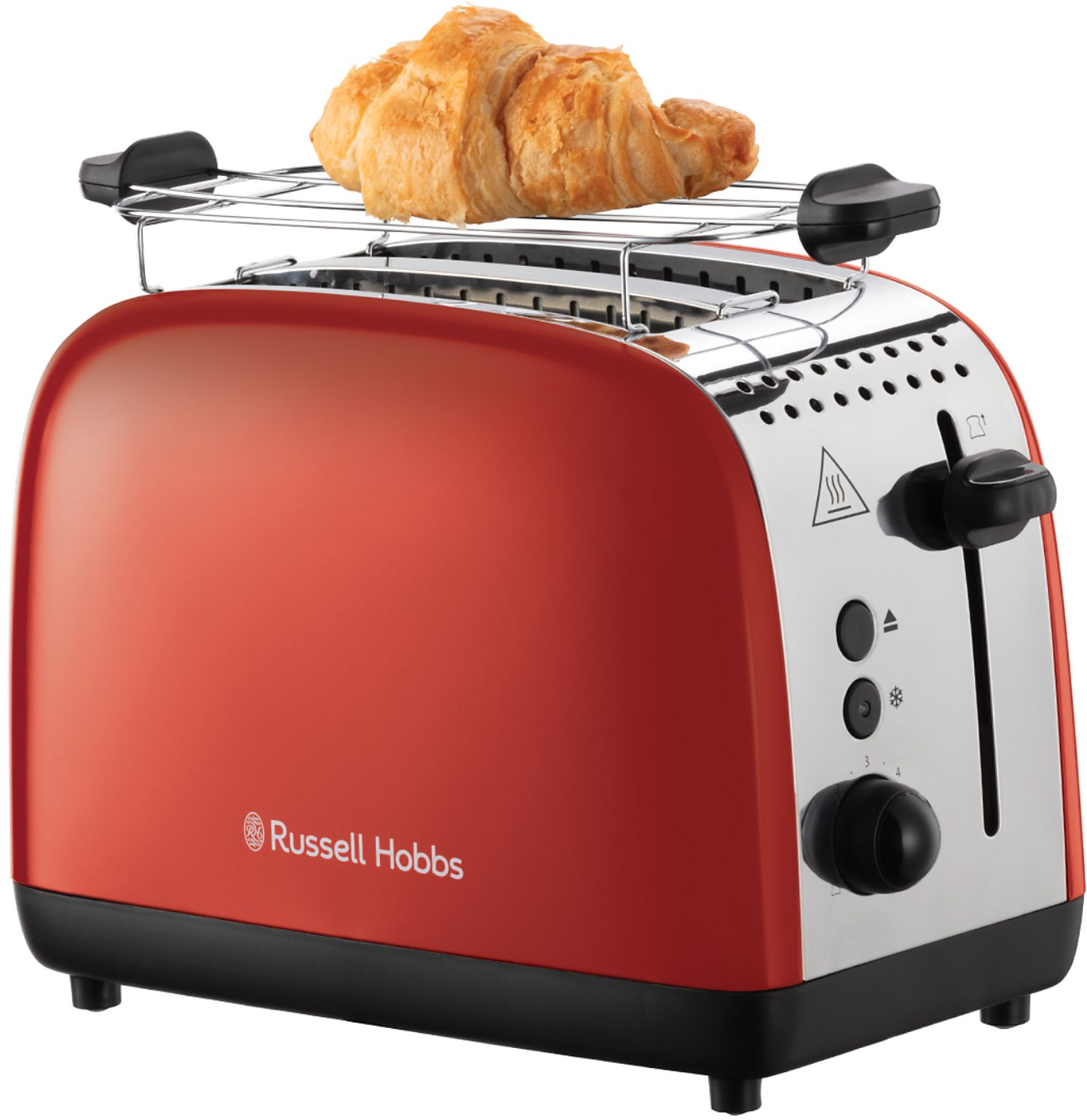 Tostapane rosso con croissant sopra, finitura nera e cromata.