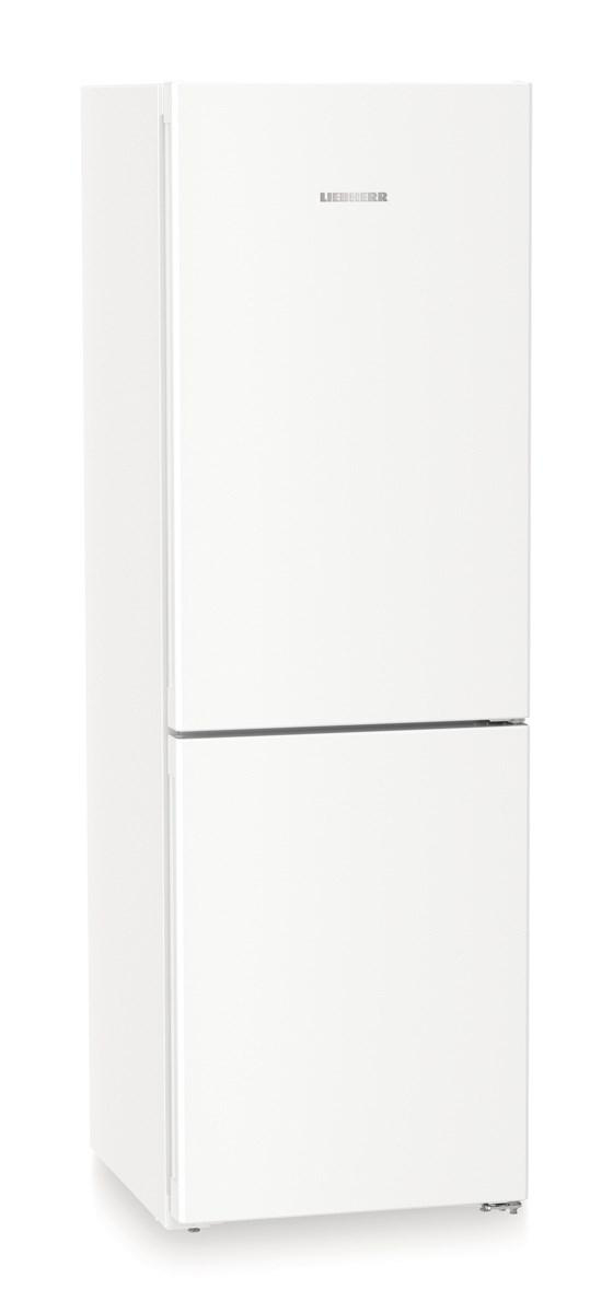 Ein weißer Kühlschrank, zweitürig, vor weißem Hintergrund. Der Markenname ist sichtbar.