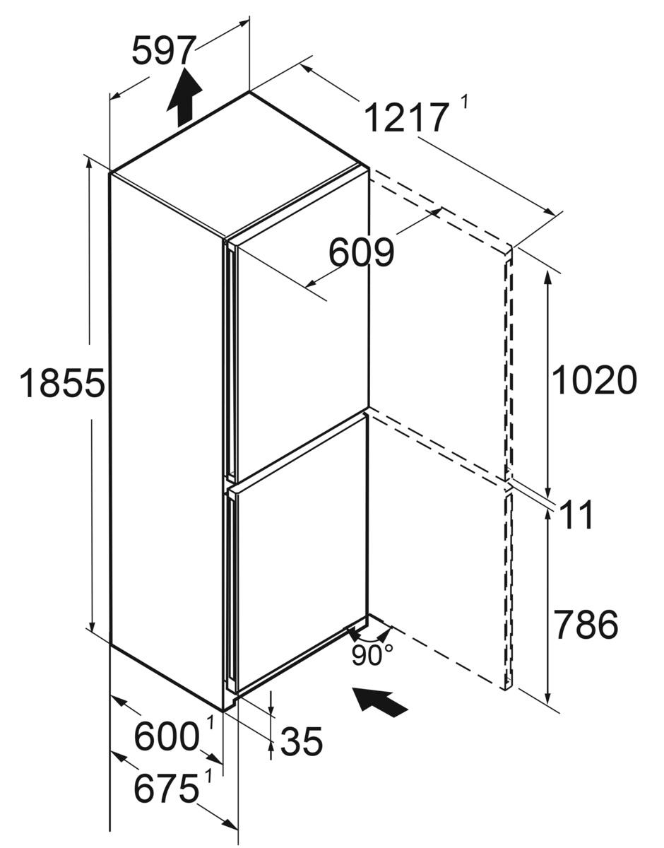 Schematische Zeichnung eines Kühlschranks mit Maßen.