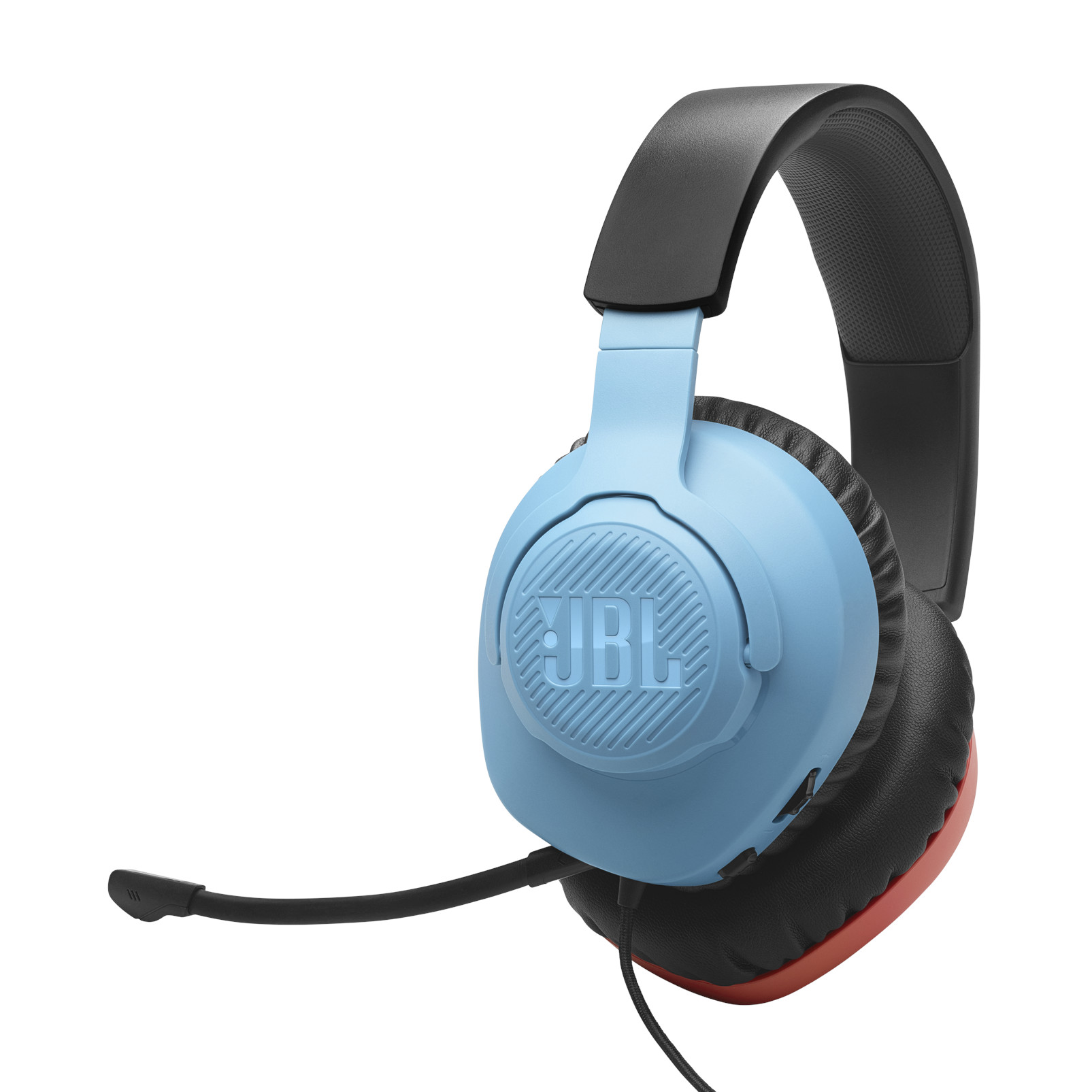 Auriculares JBL azules y negros con micrófono. El diseño incluye detalles en rojo.