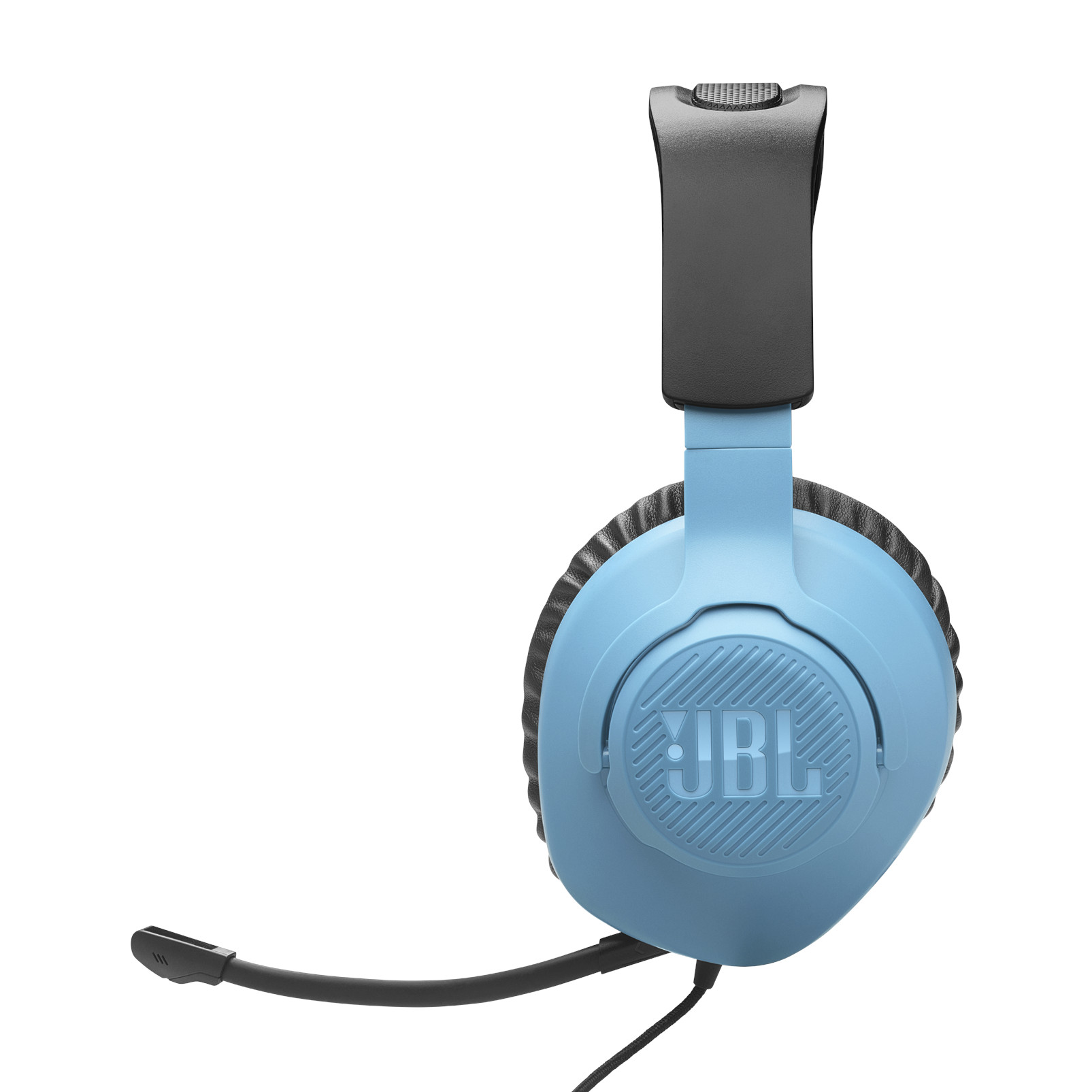 Auriculares JBL azules con micrófono negro. Diseño moderno y elegante.
