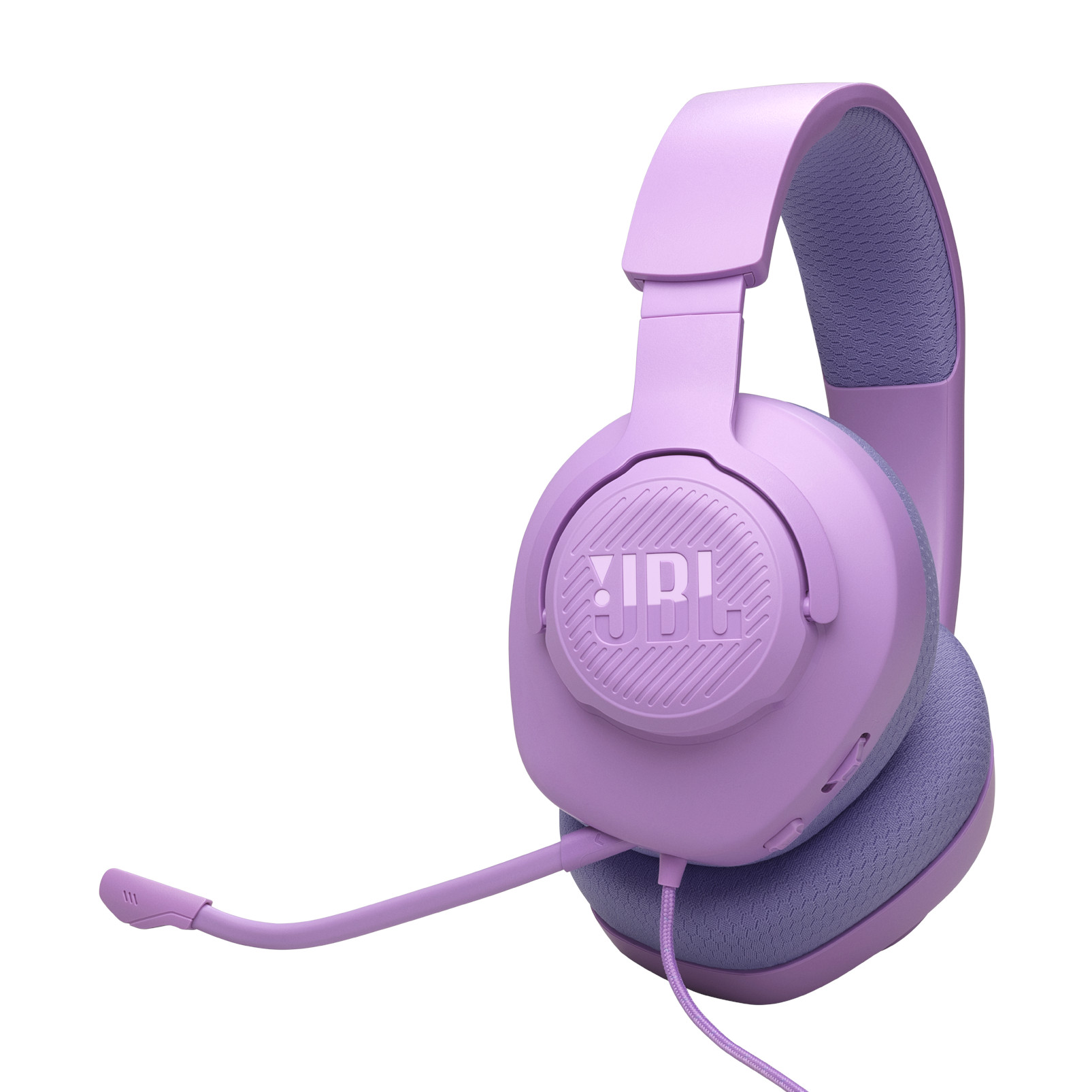 Un auricular para juegos JBL morado con micrófono.