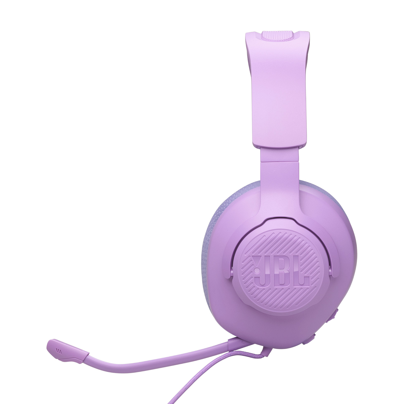 Auriculares JBL lilas con micrófono, inclinados a la izquierda, sobre fondo blanco.