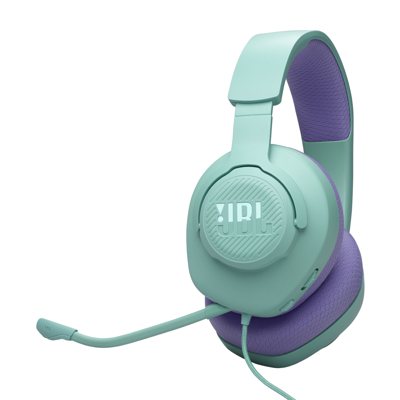 Un auricular con colores turquesa y morado se muestra sobre un fondo blanco, con un micrófono.