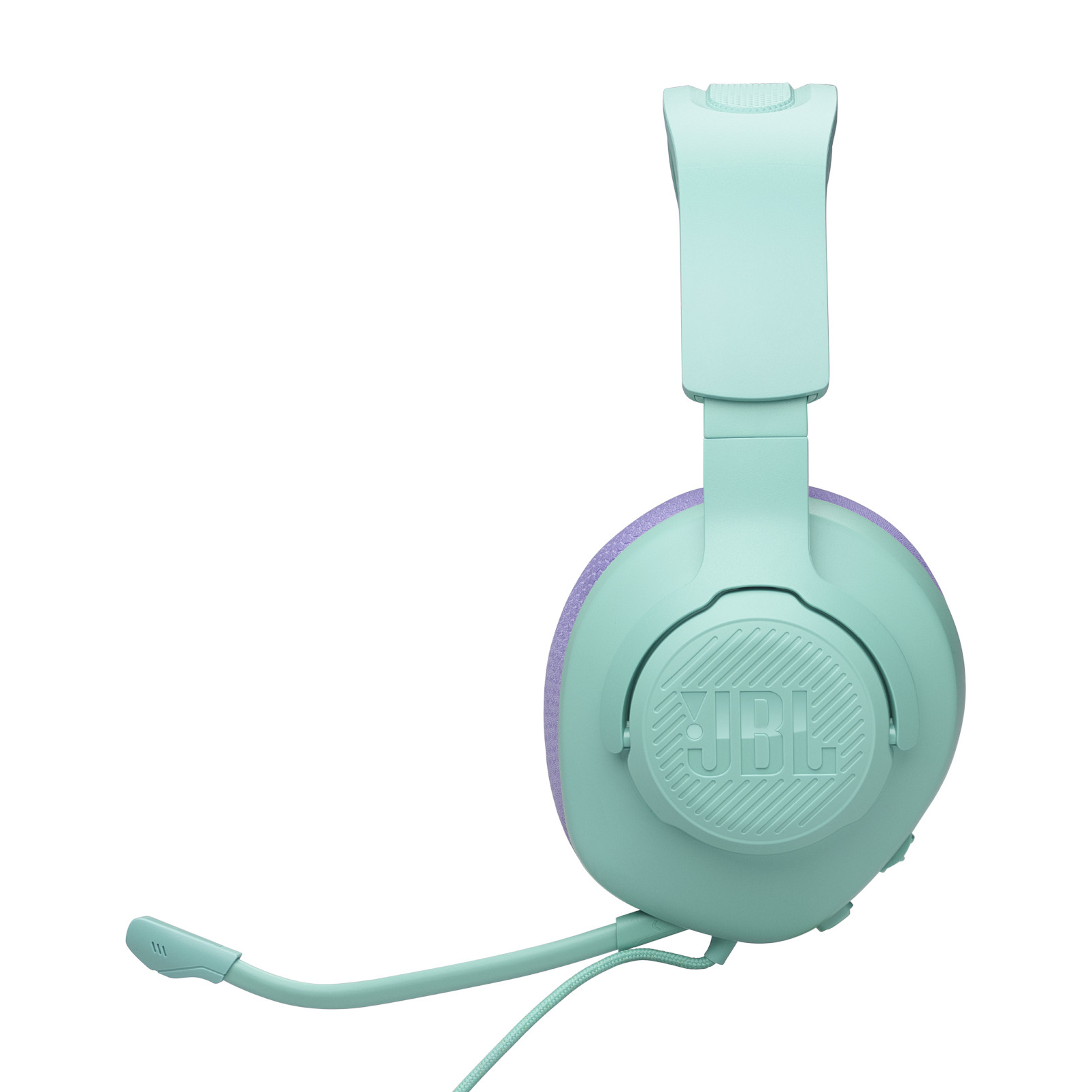 Auriculares JBL verde menta con micrófono, aislados sobre fondo blanco.