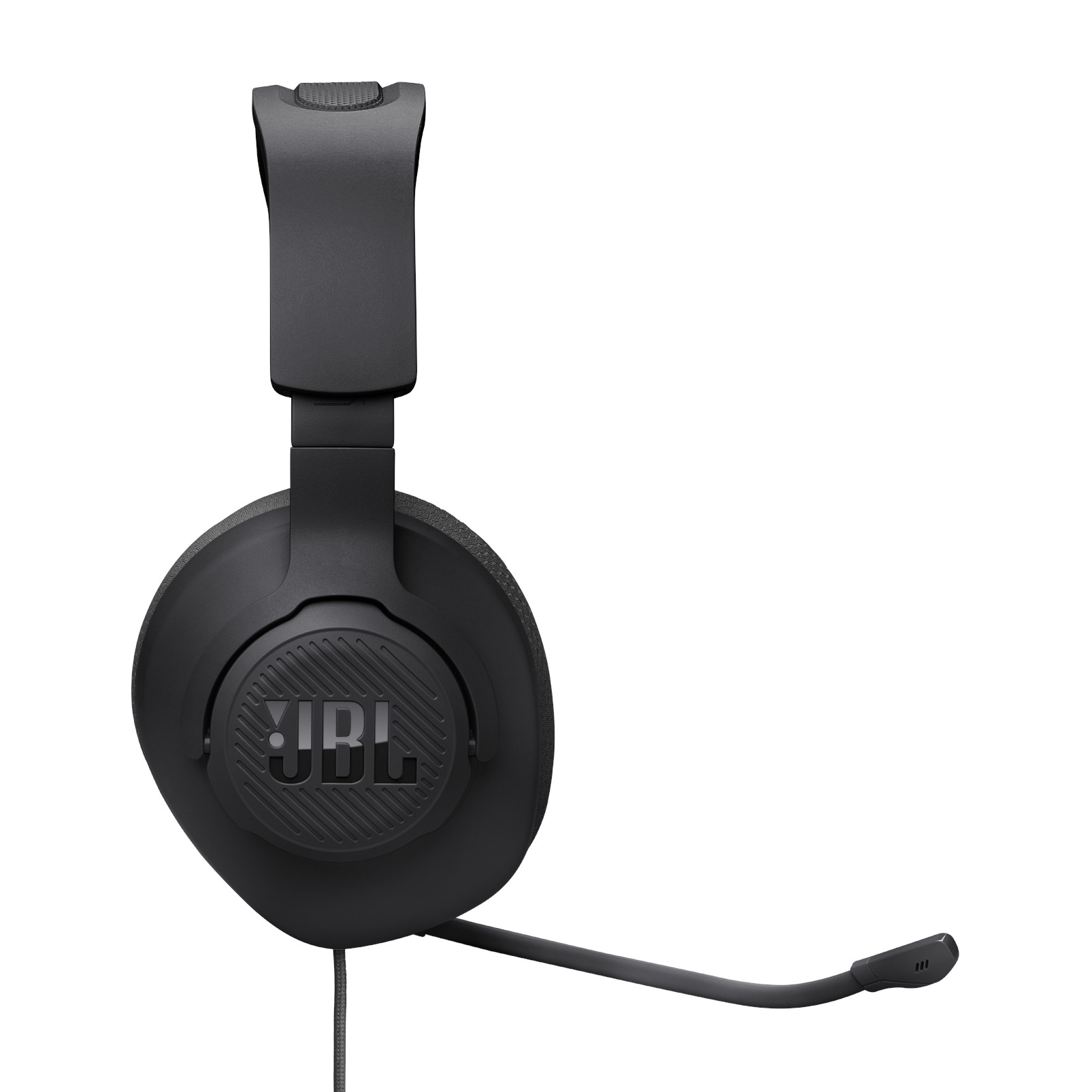 Auriculares JBL negros con micrófono. Están sobre un fondo blanco.