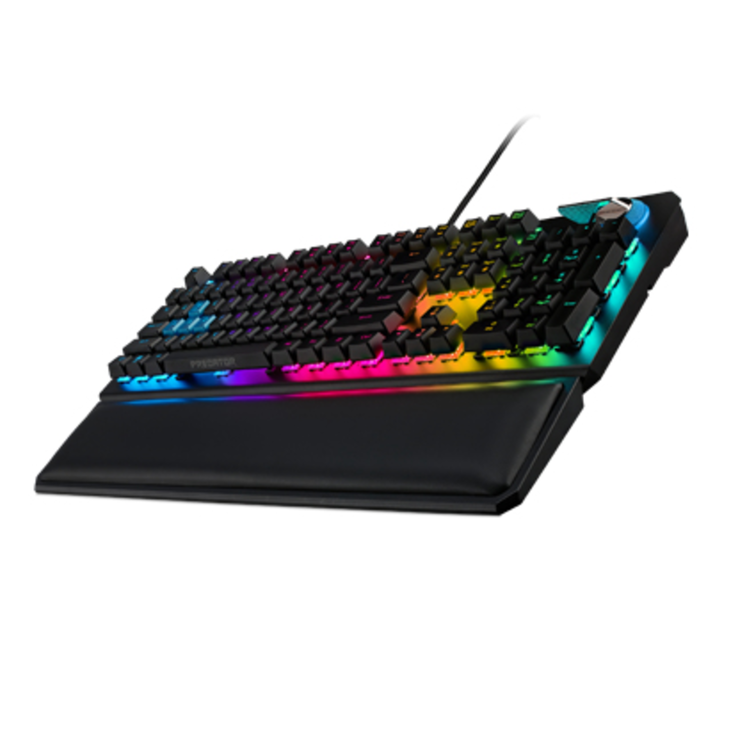 Black gaming keyboard with multiple colored LED lights. There is a wrist rest attached. The keyboard is on a white background.