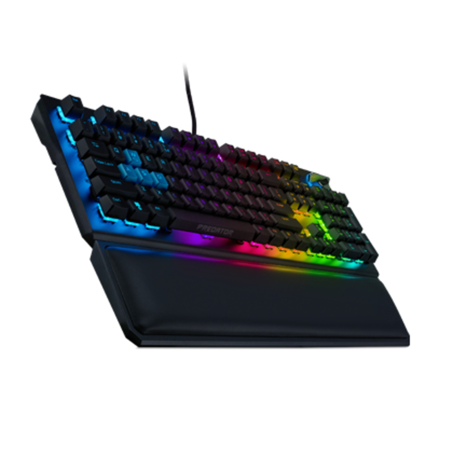 Black keyboard with colorful lights on a black wrist rest. White background.