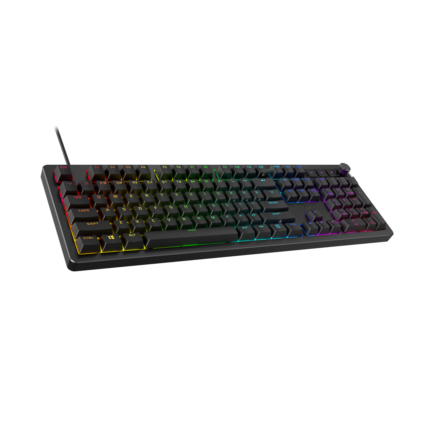 A black keyboard with colored lights, angled from above on a white background.
